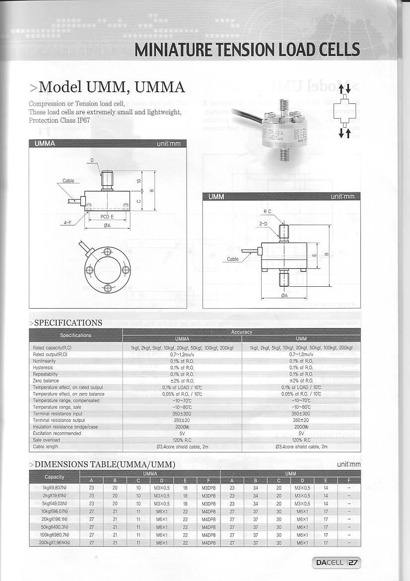 Dacell UMM UMMA 称重传感器技术参数图