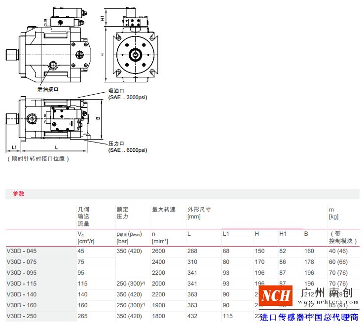 V30D 型变量轴向柱塞泵主要参数和尺寸