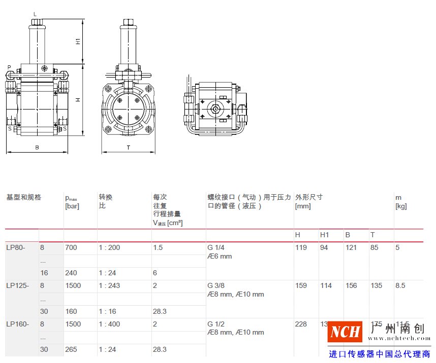 哈威 (HAWE)  LP 型气动操纵液压泵主要参数和尺寸